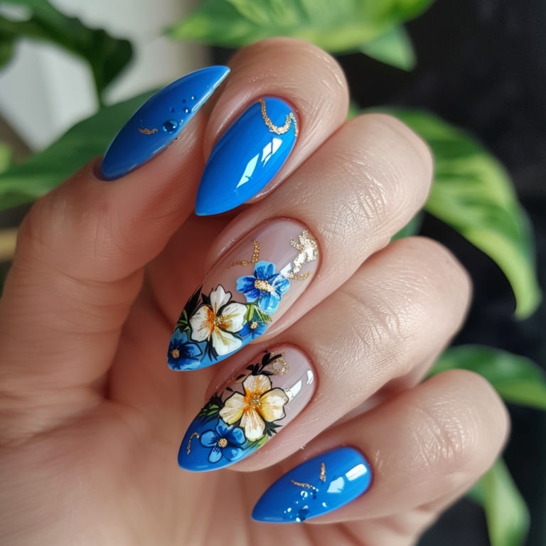 blue floral nails
