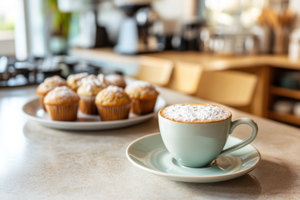 a brown sugar latte next to a plate of muffins