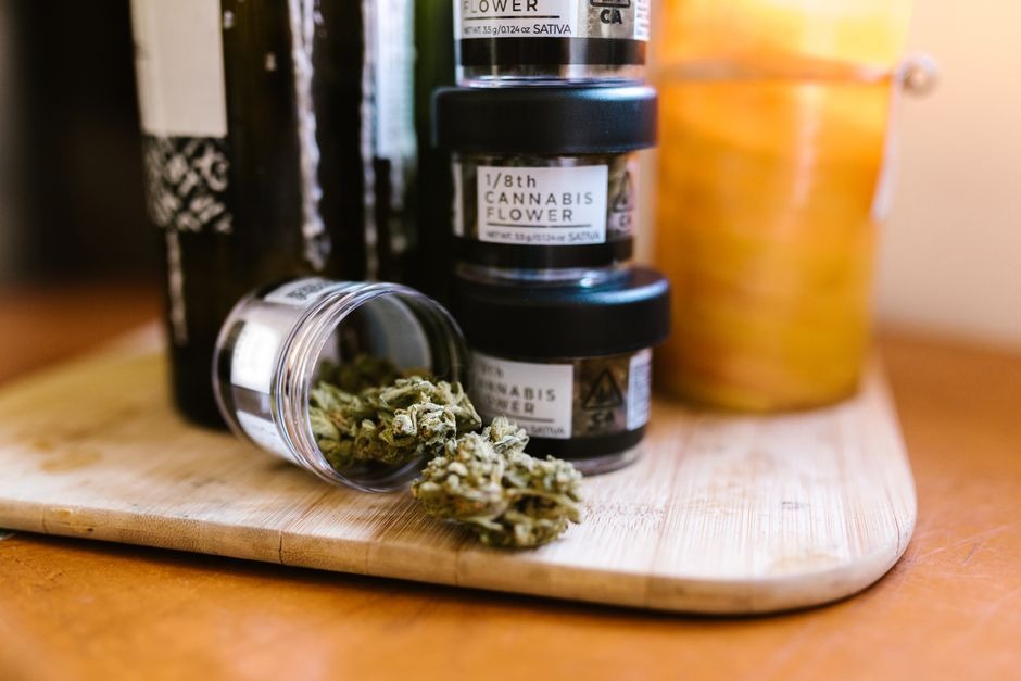 Labeled cannabis products on a clean dispensary counter