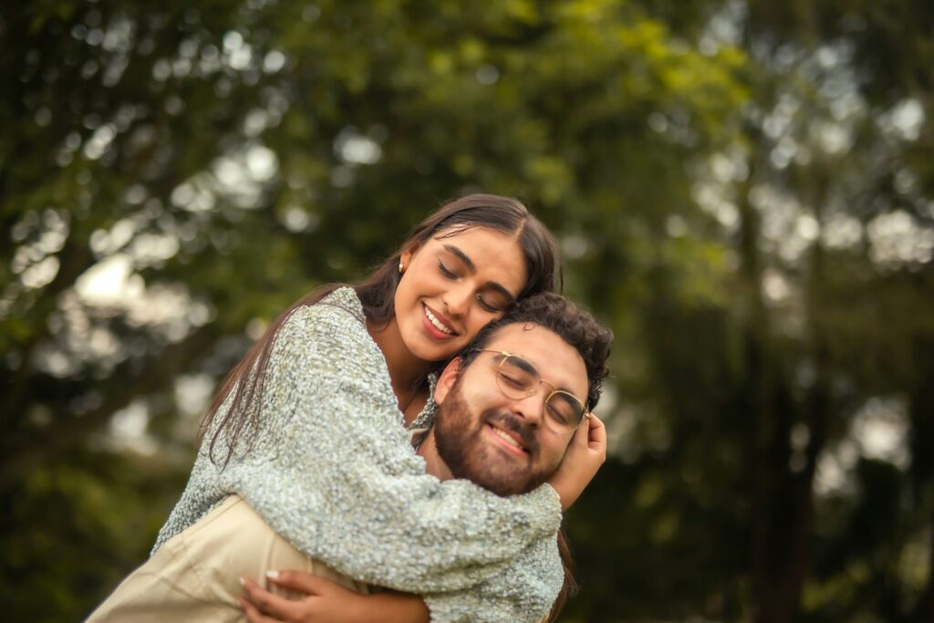 couple hugging outside