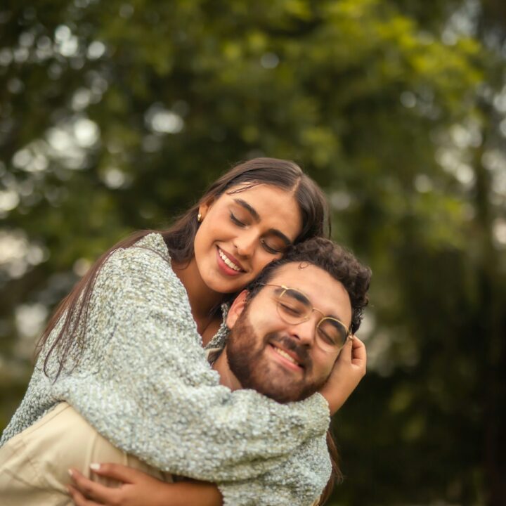 couple hugging outside