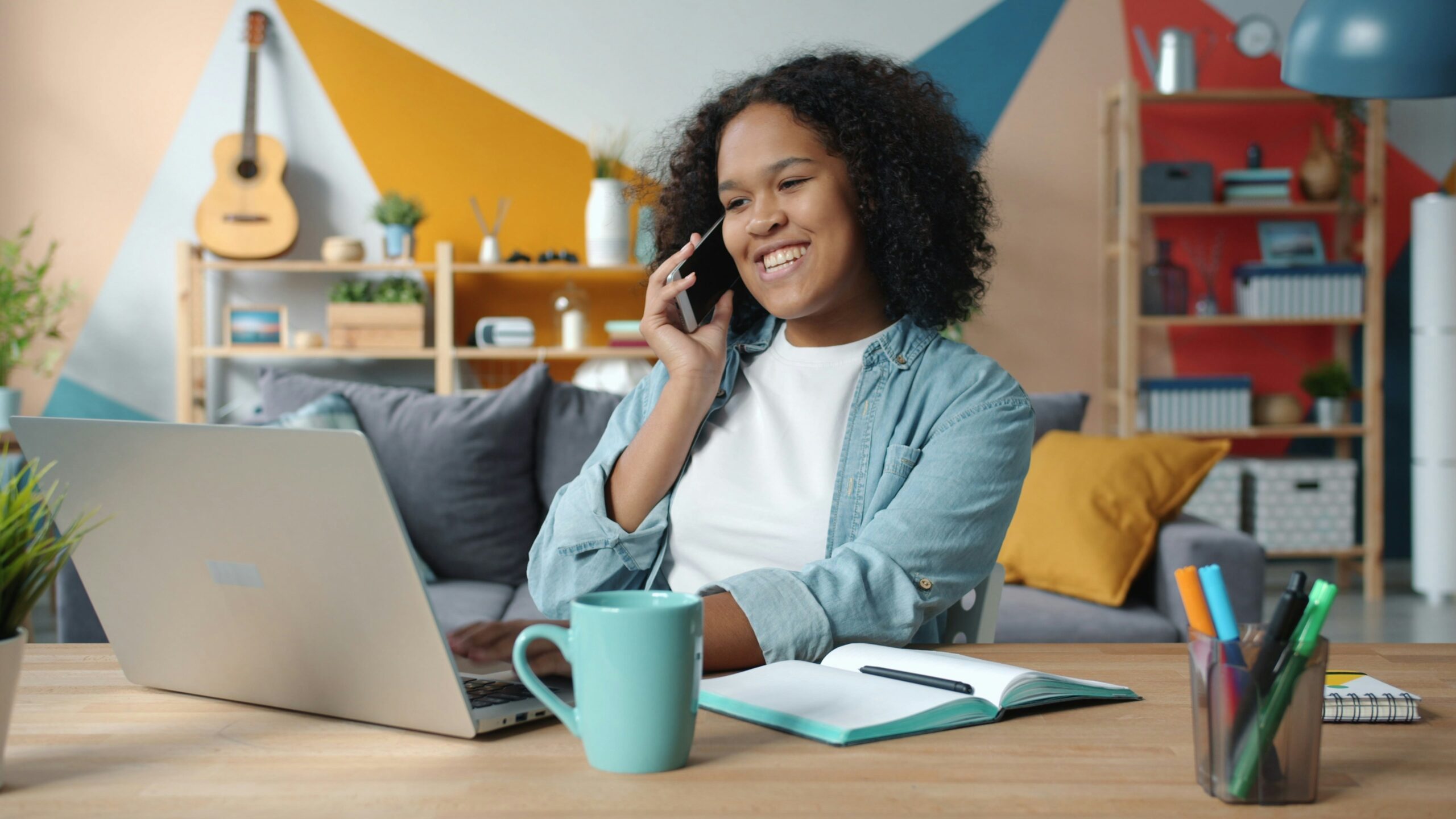 woman works from home in a designated space